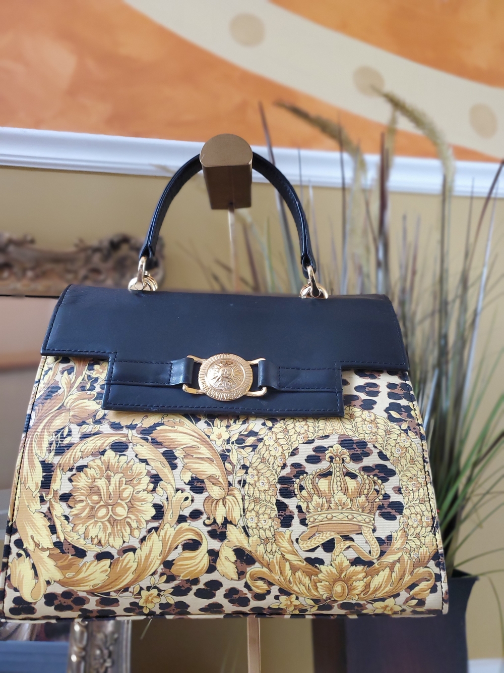 Authentic Versace Black and Gold Baroque Top Handle w Medallion Accent (w/COA)